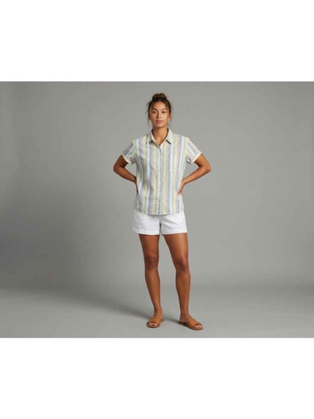 Universal Thread Women Striped Button-Down Shirt M Pastel Short Sleeve Cotton Bl